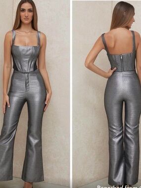 House of CB Metallic Silver Corset Jumpsuit - Women's Shimmer Pant Jumpsuit